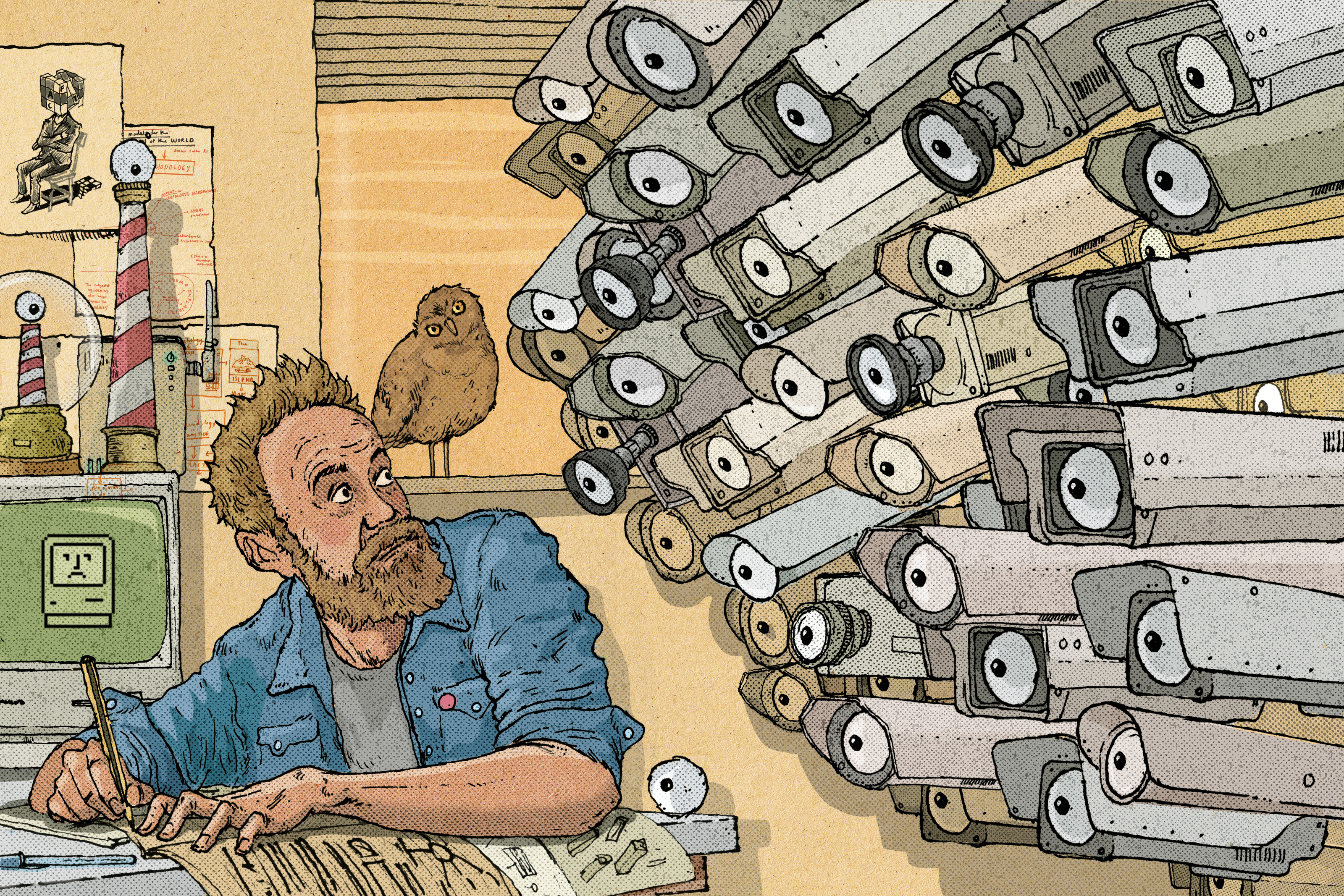 Illustration of PhD student writing at his desk, surrounded by surveillance cameras. Illustration by Paul Jackson, LCC.